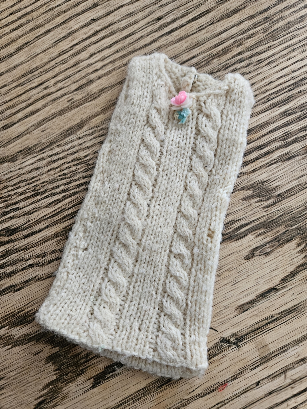 Handknit Cable Knit Cream Barbie Dress with Rose Decoration